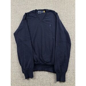 Polo Ralph Lauren Merino Wool Sweater Men's M V-Neck Navy Blue‎ Pullover Preppy